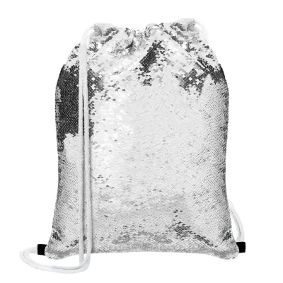 Mochila Saco de Lantejoulas Mágica Prata e Branca - Cetim Branco 35x38cm personalizado