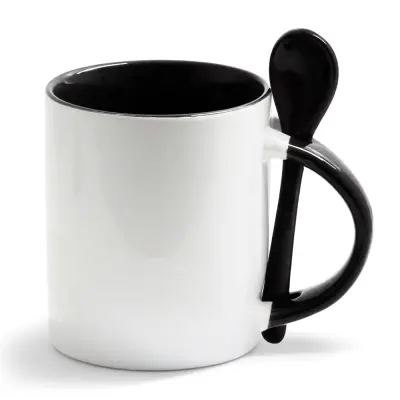 Caneca Reta de Cerâmica Branca com Alça e Interior, Colher Preto - 325ml personalizado