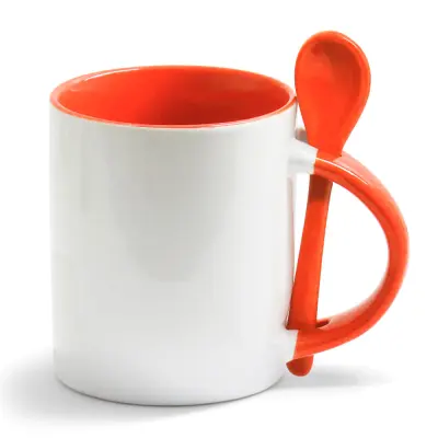 Caneca Reta de Cerâmica Branca com Alça e Interior, Colher Laranja - 325ml personalizado