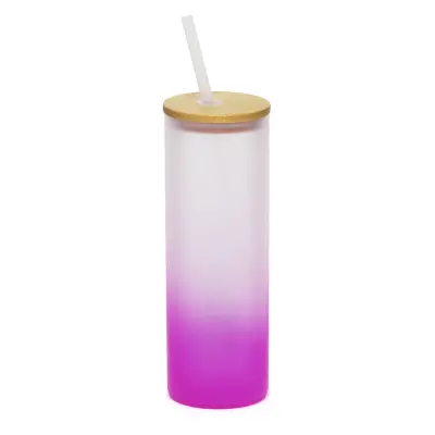 Copo de Vidro Jateado Roxo com Tampa de Bambu e Canudo - 525ml personalizado