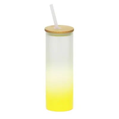 Copo de Vidro Jateado Amarelo com Tampa de Bambu e Canudo - 525ml personalizado
