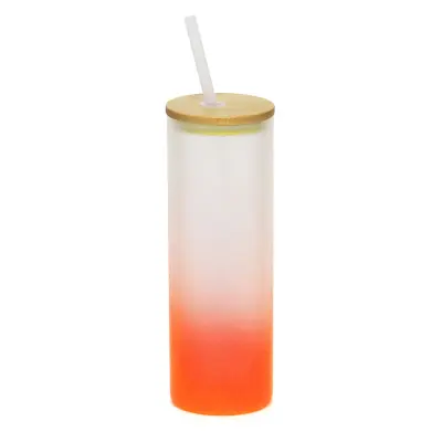 Copo de Vidro Jateado Laranja com Tampa de Bambu e Canudo - 525ml personalizado