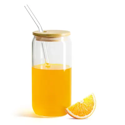 Copo de Vidro Borossilicato Cristal com Tampa Bambu e Canudo de Vidro - 550ml personalizado