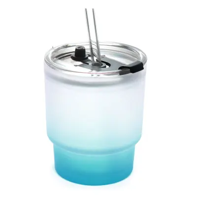 Copo de Vidro Jateado Turquesa com Tampa de Acrílico e Canudo de Vidro - 400ml personalizado