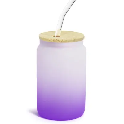 Copo de Vidro Jateado Roxo com Tampa de Bambu e Canudo de Vidro - 400ml personalizado