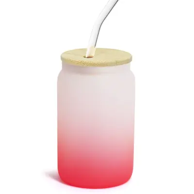 Copo de Vidro Jateado Vermelho com Tampa de Bambu e Canudo de Vidro - 400ml personalizado