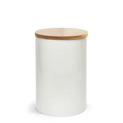 Pote de Cerâmica Branca com Tampa de Bambu - 700ml personalizado