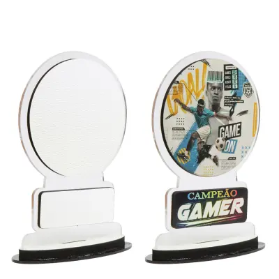 Troféu de Acrílico Cristal com aplique de MDF Resinado Brilho - Redondo - 9x14cm personalizado