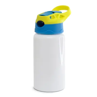 Squeeze de Alumínio Branco Infantil com Bico Automático Tampa Azul e Amarelo - 500ml personalizado