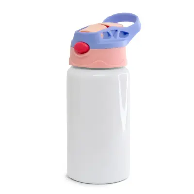 Squeeze de Alumínio Branco Infantil com Bico Automático Tampa Rosa e Lilás - 500ml personalizado