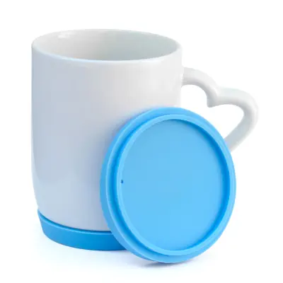 Caneca Branca Alça Love Com Tampa e Base de Silicone Azul Claro - 350ml personalizado