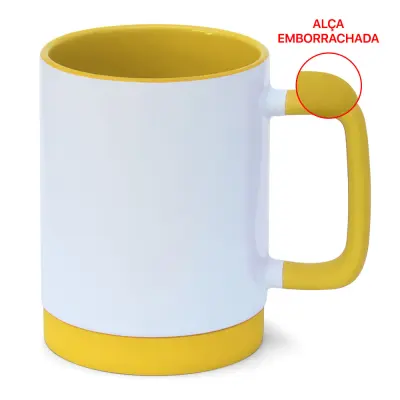 Caneca de Cerâmica Branca com Alça Soft e Base em Silicone com Interior Amarela personalizado