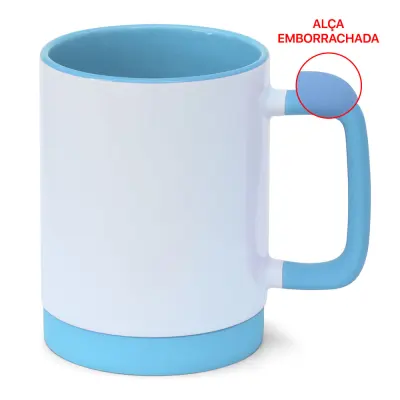 Caneca de Cerâmica Branca com Alça Soft e Base em Silicone com Interior Azul Bebê personalizado