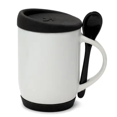 Caneca de Cerâmica Branca com Colher Alça Soft e Tampa Base em Silicone - Preto personalizado