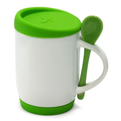 Caneca de Cerâmica Branca com Colher Alça Soft e Tampa Base em Silicone - Verde Claro personalizado