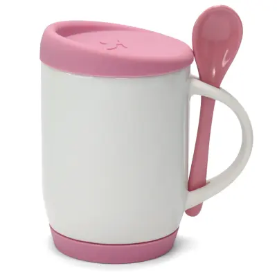 Caneca de Cerâmica Branca com Colher Alça Soft e Tampa Base em Silicone - Rosa personalizado