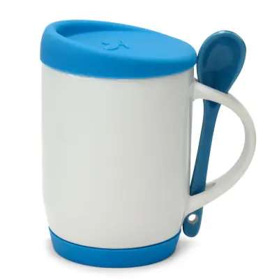 Caneca de Cerâmica Branca com Colher Alça Soft e Tampa Base em Silicone - Azul Claro personalizado