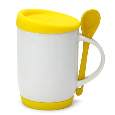 Caneca de Cerâmica Branca com Colher Alça Soft e Tampa Base em Silicone - Amarela personalizado