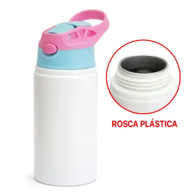 Squeeze de Alumínio Branco Infantil com Bico Automático Tampa Azul e Rosa - 500ml personalizado
