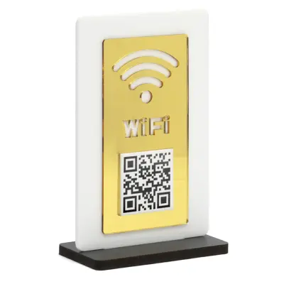 Placa de Acrílico QR CODE Dourado Wifi 10x15cm com Base de Mdf Preto 6mm personalizado