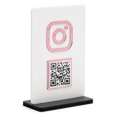 Placa de Acrílico Branca QR CODE Rose Instagram 10x15cm com Base de Mdf Preto 6mm personalizado