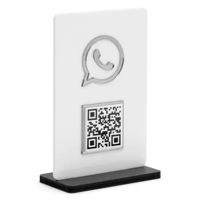 Placa de Acrílico Branca QR CODE Prata WhatsApp 10x15cm com Base de Mdf Preto 6mm personalizado