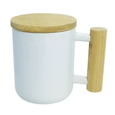 Caneca Cerâmica Branca com Alça e Tampa de Bambu - 325ml personalizado