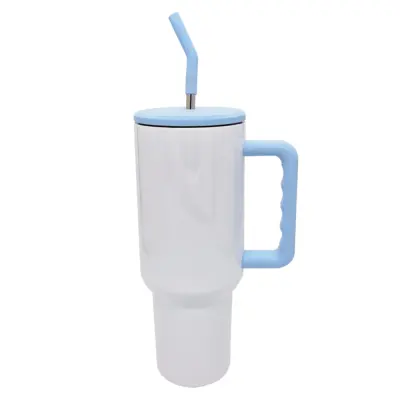 Copo Térmico Aço Inox Branco com Alça e Canudo na cor Azul - 1200ml personalizado