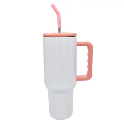 Copo Térmico Aço Inox Branco com Alça e Canudo na Cor Rosa - 1200ml personalizado