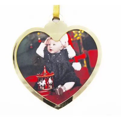 Pingente de Coração para Árvore de Natal em MDF com Borda em Acrílico Dourado personalizado