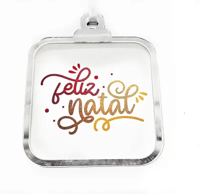Pingente Quadrado para Árvore de Natal em MDF com Borda em Acrílico Prateado personalizado