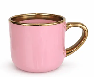 Caneca Imperial Cerâmica Rosa com Alça e Borda Cromada Ouro - 400ml personalizado