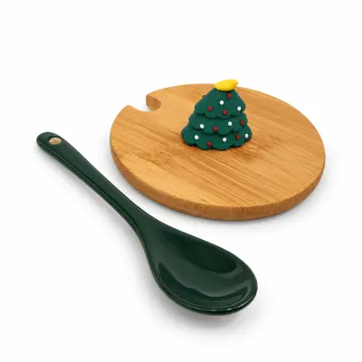 Kit Tampa de Bambu e Colher para Canecas Tradicionais - Árvore de Natal personalizado