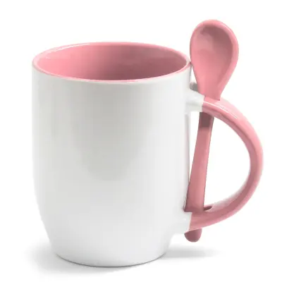Caneca de Cerâmica Branca com Alça, Interior e Colher - Rosa 325ml personalizado