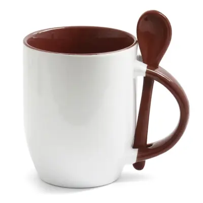 Caneca de Cerâmica Branca com Alça, Interior e Colher - Marrom 325ml personalizado