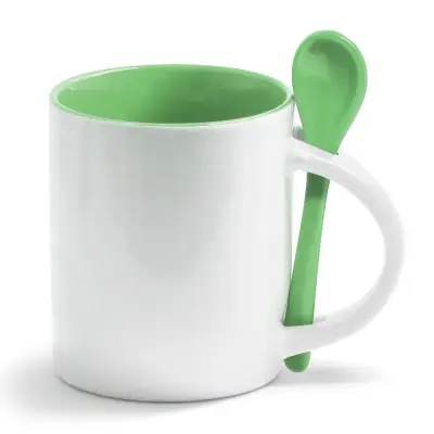 Caneca Reta de Cerâmica Branca com Interior e Colher Verde personalizado