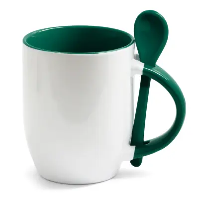 Caneca de Cerâmica Branca com Alça, Interior e Colher - Verde Escuro 325ml personalizado