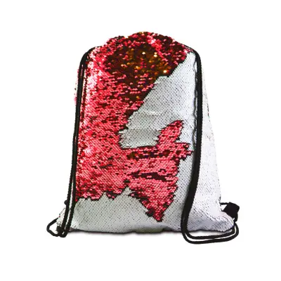 Mochila Saco de Lantejoulas Mágica Vermelha e Branca Verso Aveludado - 35x38cm personalizado