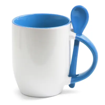 Caneca de Cerâmica Branca com Alça Interior e Colher Azul Claro - 325ml personalizado
