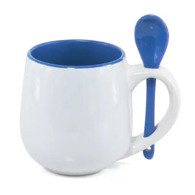 Caneca Branca Belly com colher e Interior Azul - 350ml personalizado