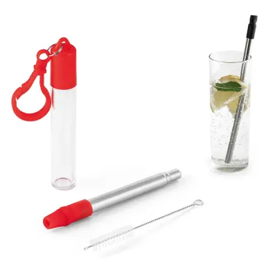 Kit de Canudo Telescópico de Inox c/ Escova e Estojo em Acrílico na Cor Vermelha personalizado