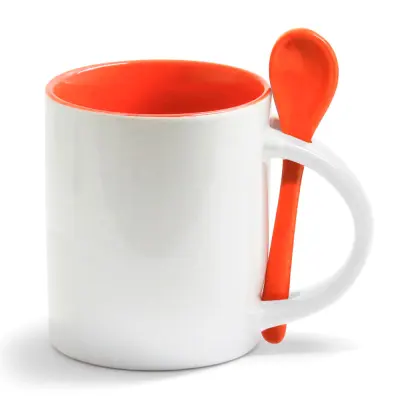 Caneca Reta de Cerâmica Branca com Interior e Colher Laranja - 325ml personalizado