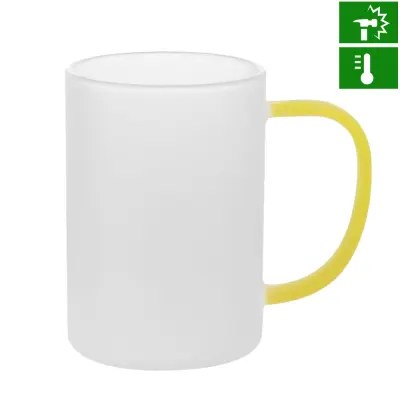 Caneca de Vidro Borossilicato Jateado com Alça Amarela - 300ml personalizado