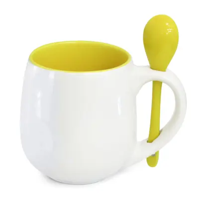 Caneca Branca Belly com colher e Interior Amarelo - 350ml personalizado